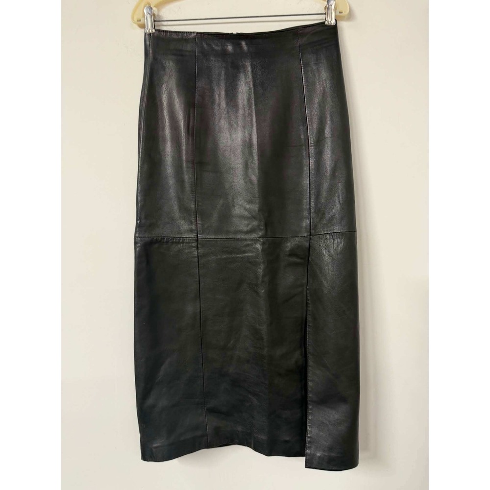 Vtg Tannery West Womens 8 Black Leather Skirt Midi Pencil High Waisted Slit